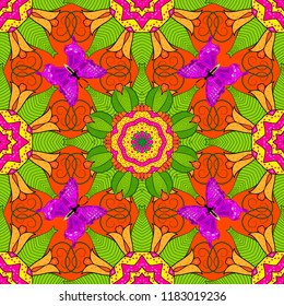 Abstract ethnic vector seamless pattern. Flowers of the valley on green, orange and yellow colors. Flowers.