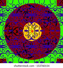 Abstract ethnic vector seamless pattern. Background texture, wallpaper, theme in red, green and violet colors. Tribal art print, vintage background.