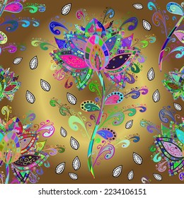 Abstract ethnic vector seamless pattern. Flowers. Flowers of the valley on brown, yellow and neutral colors.