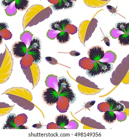 Abstract ethnic vector seamless pattern. Tribal art boho print, multicolor vintage flowers, leaves and buds on white background. Background texture, wallpaper, multicolored floral theme.