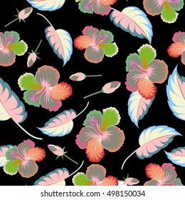 Abstract ethnic vector seamless pattern. Tribal art boho print, multicolor vintage flowers, leaves and buds on black background. Background texture, wallpaper, multicolored floral theme.