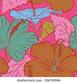 Abstract ethnic vector seamless pattern. Tribal art boho print, multicolor vintage flowers, leaves and buds on pink background. Background texture, wallpaper, multicolored floral theme.