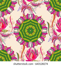 Abstract ethnic vector seamless pattern. Tribal art boho print, vintage flower background. Background texture, wallpaper, floral theme in blue colors.