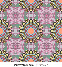 Abstract ethnic vector seamless pattern. Tribal art boho print, vintage flower background. Background texture, wallpaper, floral theme in blue colors.