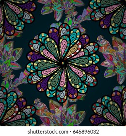 Abstract ethnic vector seamless pattern. Tribal art boho print, vintage flower background. Background texture, wallpaper, floral theme in blue colors.