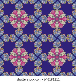 Abstract ethnic vector seamless pattern. Tribal art boho print, vintage flower background. Background texture, wallpaper, floral theme in blue colors.