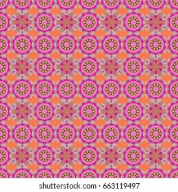 Abstract ethnic vector seamless pattern. Tribal art boho print, vintage flower background. Background texture, wallpaper, floral theme in pink colors.