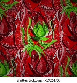 Abstract ethnic vector seamless pattern. Tribal art boho print, vintage flower background. Background texture, wallpaper, floral theme in red, green and pink colors.