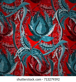 Abstract ethnic vector seamless pattern. Tribal art boho print, vintage flower background. Background texture, wallpaper, floral theme in red, blue and neutral colors.