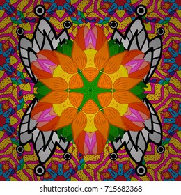 Abstract ethnic vector seamless pattern. Tribal art boho print, vintage flower background. Background texture, wallpaper, floral theme in yellow, black and orange colors.