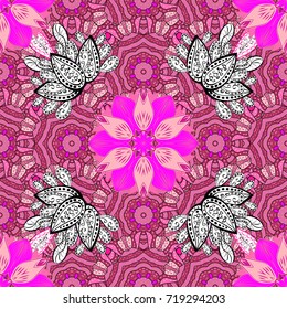 Abstract ethnic vector seamless pattern. Tribal art boho print, vintage flower background. Background texture, wallpaper, floral theme in pink, white and neutral colors.