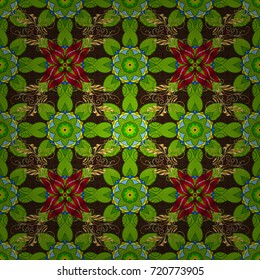 Abstract ethnic vector seamless pattern. Tribal art boho print, vintage flower background. Background texture, wallpaper, floral theme in green, brown and yellow colors.