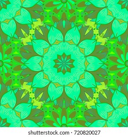 Abstract ethnic vector seamless pattern. Flowers of the valley on green, blue and neutral colors. Flowers.