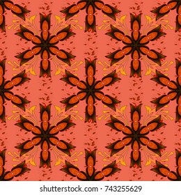 Abstract ethnic vector seamless pattern. Flowers of the valley on orange, black and red colors. Flowers.