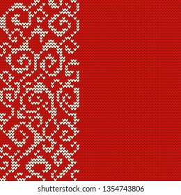 Abstract ethnic white knitted pattern on red background. The pattern is located on the right side of the canvas.