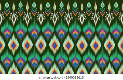 Padrão de tecido étnico abstrato, fundo verde, projetado para tecer ou tricotar ou imprimir tecido, roupas, batik, papel de parede, tapete e papel de embrulho.