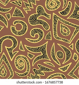 Abstract ethnic zigzag drawn patterns with yellow stroke on a brown background. The pattern element is hidden under the mask and is editable.