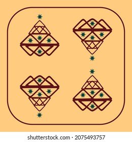 Abstrakte ethnostische Vektorgrafik Weihnachtsbaumgrafik. Einfache vier rote Weihnachtsbäume auf beigem Hintergrund. Grafikdesign. Roter Rahmen, grüne Schneeflocken. Dekorativer Postkartengruß. Neues Jahr.