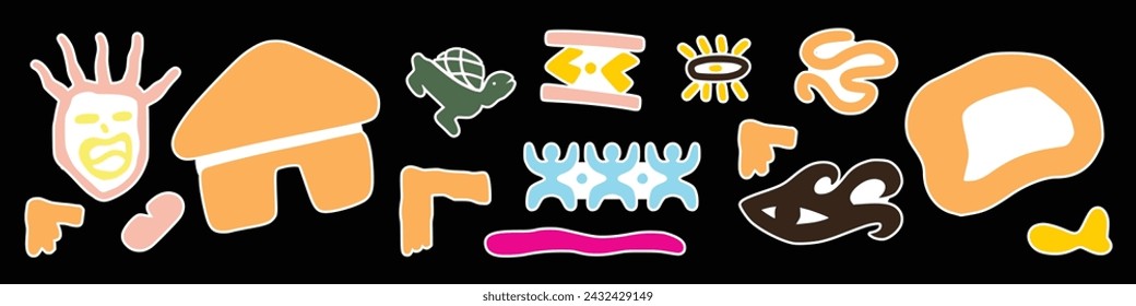 Abstract etnic sticker africa various bright doodle shapes and objects. Hand drawn Vector seamless Pattern. Background, wallpaper, Wrapping, textile template