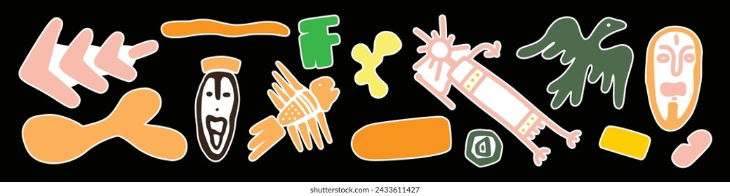 Abstract etnic sticker africa various bright doodle shapes and objects. Hand drawn Vector seamless Pattern. Background, wallpaper, Wrapping, textile template