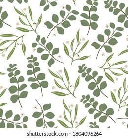 Abstract Eucalyptus Leaves Pattern, Nature Herbal Aromatherapy Leaves Illustration, Seamless Pattern, Vector Illustration EPS 10.