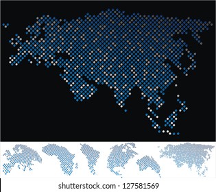 abstract Eurasia map from on array of blue and gray metallic points, on black background with maps of the continents on the white bottom line