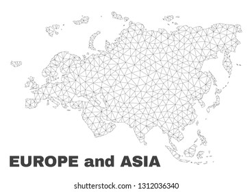 Abstract Europe and Asia map isolated on a white background. Triangular mesh model in black color of Europe and Asia map. Polygonal geographic scheme designed for political illustrations.