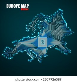 Resumen del mapa de Europa con cpu. Tarjeta de circuito brillante. Fondo tecnológico neón. Vector