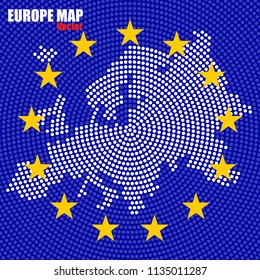 Abstract Europe map of radial dots on background EU flag, halftone concept. Vector illustration, eps 10