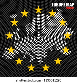 Abstract Europe map of radial dots on background EU flag, halftone concept. Vector illustration, eps 10