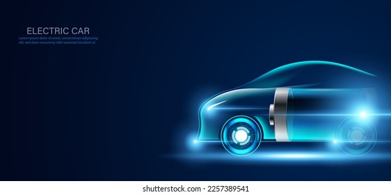 Abstract ev energy car clean energy modern technology concept car and battery On a modern blue background