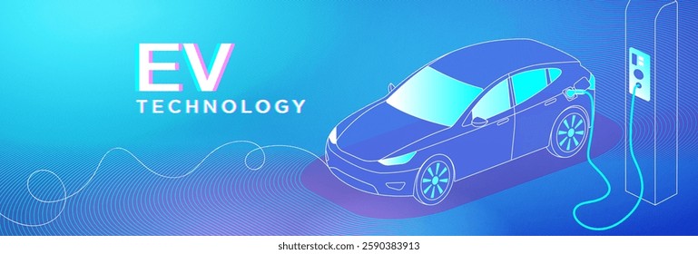 Abstract EV world with neon lines. The image depicts an electric vehicle (EV) charging at a station, illustrating modern EV technology. The car is surrounded by digital energy waves. Modern template.
