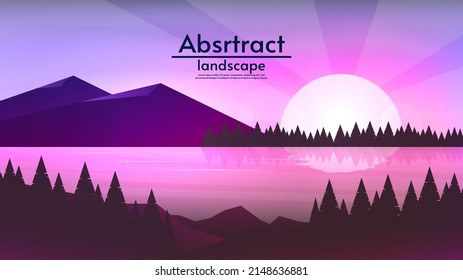 Abstract evening or morning landscape. Vector illustration, flat style. Mountains with river and hills with forest. Beautiful purple sky with sunset. Design for wallpaper, banner, touristic card.