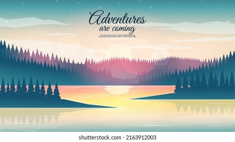 Abstract evening or morning landscape. Vector illustration, flat style. Forest with river. Beautiful sky. Design for wallpaper, banner, touristic card.