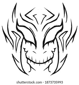 Abstract Evil Mask Face Doodle Tribal Drawing Artwork. Black Color.