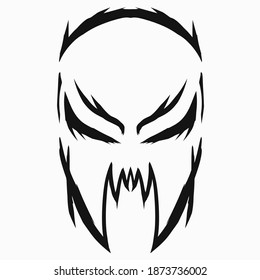 Abstract Evil Mask Face Doodle Tribal Drawing Artwork. Black Color.