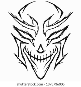 Abstract Evil Mask Face Doodle Tribal Drawing Artwork. Black Color.