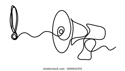Abstract exclamation mark and megaphone as continuous lines drawing on white background. Vector