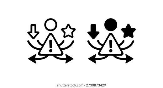 Abstraktes Ausrufedreieck mit Pfeilen und Sternsymbolen im schwarz-weißen Symboldesign.