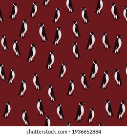 Abstract exotic animal seamless pattern with black and white colored penguins ornament. Maroon background. Decorative print for fabric design, textile print, wrapping, cover. Vector illustration.