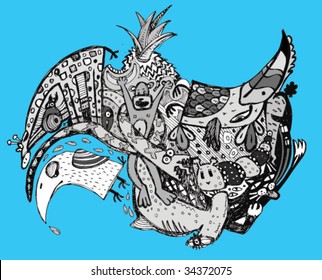 abstract exotic animals background (hand drawn vector)
