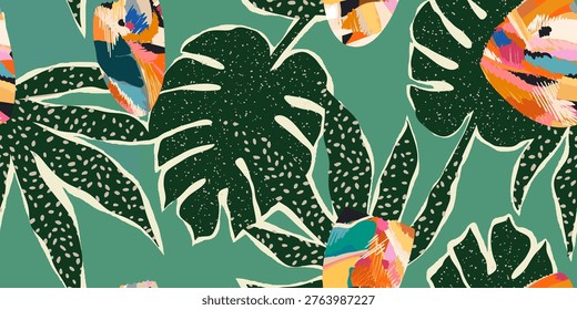 Abstract exotic botanical pattern. Dynamic bright tropical print. Hand drawn unique template for design. 