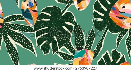 Abstract exotic botanical pattern. Dynamic bright tropical print. Hand drawn unique template for design. 
