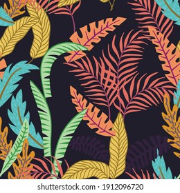 Abstract exotic composition of tropical leaves and palm trees. Beach jungle cartoon seamless pattern wallpaper black background
