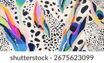 Abstract exotic doodles with dots pattern. Dynamic tropical print. Fashionable unique template for design. 