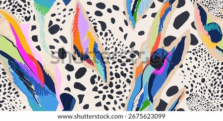 Abstract exotic doodles with dots pattern. Dynamic tropical print. Fashionable unique template for design. 