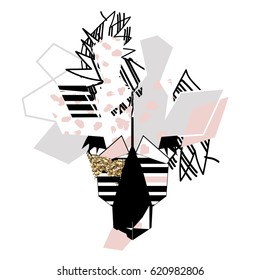 Abstract exotic floral elements paper collage with giraffe.Vector illustration hand drawn.Sketch ready for contemporary scandinavian flat design- poster, invitation, post card, t-shirt design.