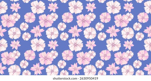 Abstract exotic floral seamless pattern on a blue background. Vector Hand drawn stylized daisy flowers print. Contemporary ornament for designs, fabric, textiles