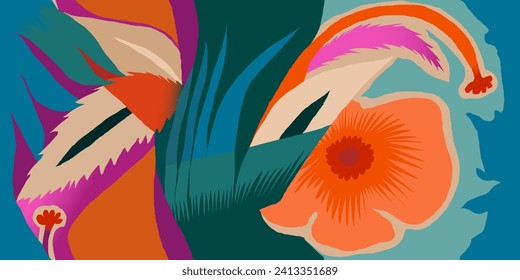 Abstract exotic flower pattern. Juicy colors tropical contemporary seamless pattern. Hand drawn unique print.