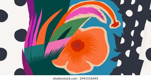 Abstract exotic flowers mixed with polka dot print. Juicy colors tropical contemporary seamless pattern. Hand drawn unique print.